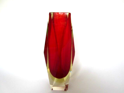 Geometric red and golden amber murano italy sommerso symmetric art glass vase