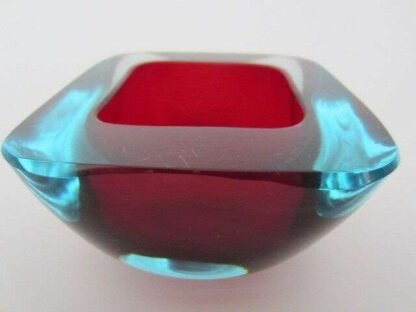 Thick red in blue art glass square murano poli seguso era geode bowl UV glow