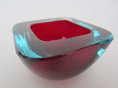 Thick red in blue art glass square murano poli seguso era geode bowl UV glow - Image 5