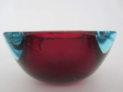 Thick red in blue art glass square murano poli seguso era geode bowl UV glow - Image 4