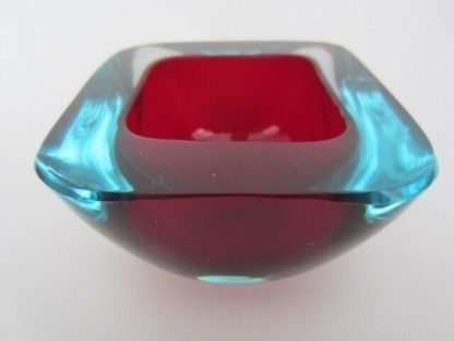 Thick red in blue art glass square murano poli seguso era geode bowl UV glow - Image 3