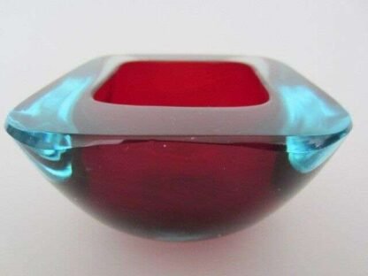 Thick red in blue art glass square murano poli seguso era geode bowl UV glow - Image 7