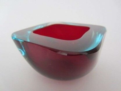 Thick red in blue art glass square murano poli seguso era geode bowl UV glow - Image 6