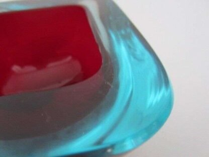 Thick red in blue art glass square murano poli seguso era geode bowl UV glow - Image 9