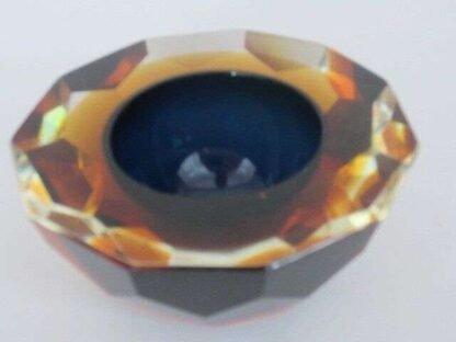 Murano honeycomb faceted blue in amber in gold space age diamond cut round bowl