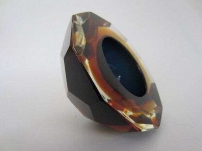 Murano honeycomb faceted blue in amber in gold space age diamond cut round bowl - Image 5