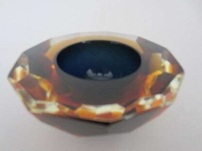 Murano honeycomb faceted blue in amber in gold space age diamond cut round bowl - Image 10