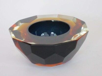 Murano honeycomb faceted blue in amber in gold space age diamond cut round bowl - Image 8