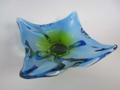 Vintage chribska sommerso art glass bowl blue and acid green 70s