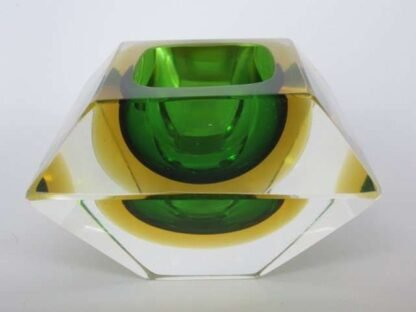 Rare sarcophagus shape art glass bowl vintage murano italy sommerso green amber - Image 2