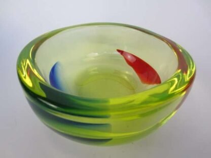 Murano sommerso, geode art glass bowl blue and red glows yellow