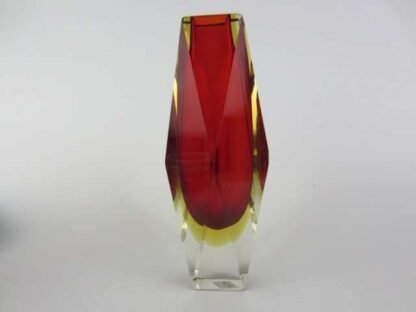 Geometric red in golden amber murano italy sommerso art glass prism vase +label