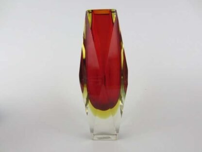 Geometric red in golden amber murano italy sommerso art glass prism vase +label - Image 9