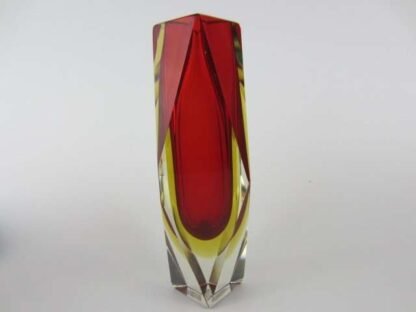 Geometric red in golden amber murano italy sommerso art glass prism vase +label - Image 10