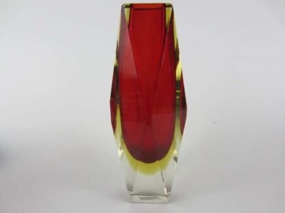 Geometric red in golden amber murano italy sommerso art glass prism vase +label - Image 3