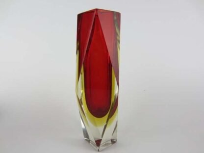 Geometric red in golden amber murano italy sommerso art glass prism vase +label - Image 7