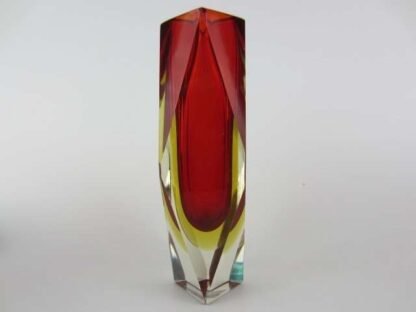 Geometric red in golden amber murano italy sommerso art glass prism vase +label - Image 4