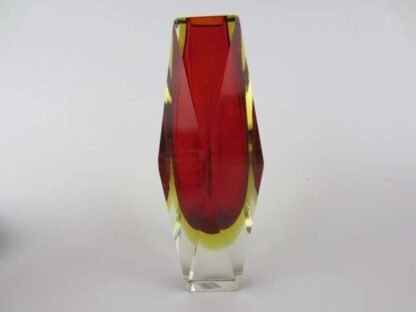 Geometric red in golden amber murano italy sommerso art glass prism vase +label - Image 5