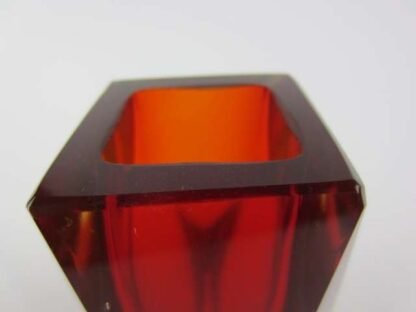 Geometric red in golden amber murano italy sommerso art glass prism vase +label - Image 8