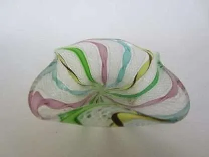 Murano rare zanfirico latticino pastel rainbow ribbon ruffled square bowl