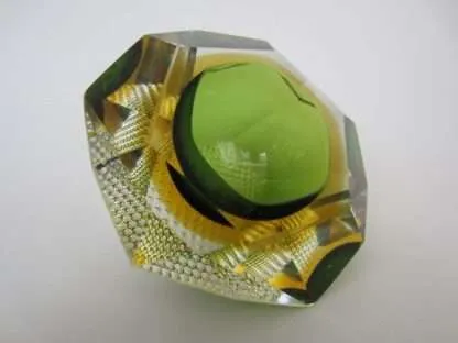 Murano sommerso green and amber mandruzzato 6 facet cut geometric art glass bowl