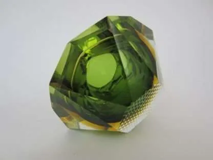 Murano sommerso green and amber mandruzzato 6 facet cut geometric art glass bowl - Image 6