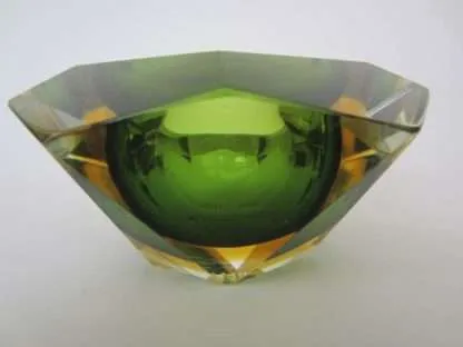 Murano sommerso green and amber mandruzzato 6 facet cut geometric art glass bowl - Image 8