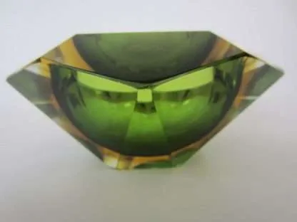 Murano sommerso green and amber mandruzzato 6 facet cut geometric art glass bowl - Image 9