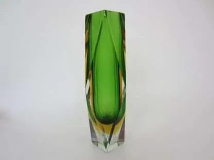 Green n gold space age geometric murano sommerso prism cut art glass vase heavy - Image 4