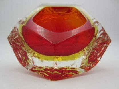 60/70s Murano Art Glass Sommerso Mandruzzato Faceted Red & amber Textured Bowl - Image 12