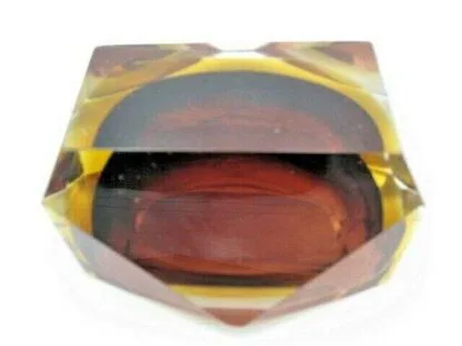 Murano brown and amber sommerso art glass geometric faceted block cut bowl c60s - Image 12