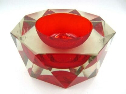 Murano large red hexagon shaped sommerso faceted block cut art glass bowl