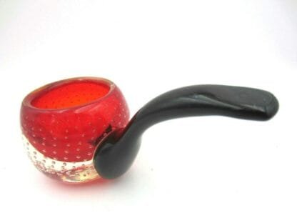 Novelty red art glass controlled bubble bowl in the shape of a Tobacco Pipe