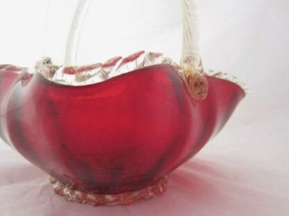 Vintage Barbini ruby red Murano basket bowl 24k Gold Aventurine Rigaree - Image 11