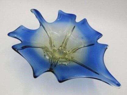 Blue yellow Mid Century art glass leaf shape bowl czech sommerso - Image 3