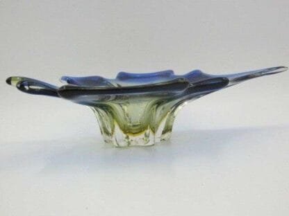 Blue yellow Mid Century art glass leaf shape bowl czech sommerso - Image 7