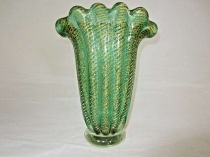 Green Cordonato d'Oro art glass fan vase Murano Barovier Toso 24k Gold sommerso - Image 11