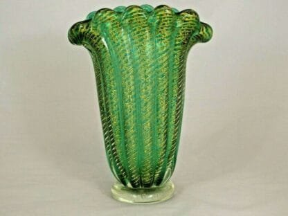 Green Cordonato d'Oro art glass fan vase Murano Barovier Toso 24k Gold sommerso - Image 12