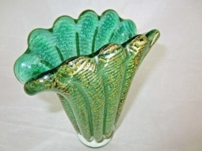 Green Cordonato d'Oro art glass fan vase Murano Barovier Toso 24k Gold sommerso - Image 3