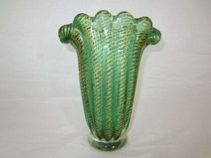 Green Cordonato d'Oro art glass fan vase Murano Barovier Toso 24k Gold sommerso - Image 5