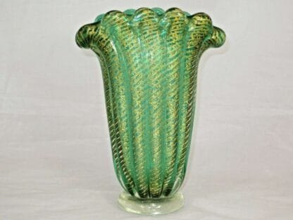 Green Cordonato d'Oro art glass fan vase Murano Barovier Toso 24k Gold sommerso