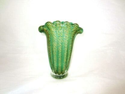 Green Cordonato d'Oro art glass fan vase Murano Barovier Toso 24k Gold sommerso - Image 8