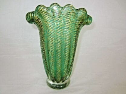 Green Cordonato d'Oro art glass fan vase Murano Barovier Toso 24k Gold sommerso - Image 9