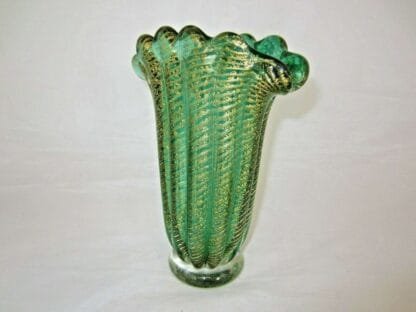 Green Cordonato d'Oro art glass fan vase Murano Barovier Toso 24k Gold sommerso - Image 10