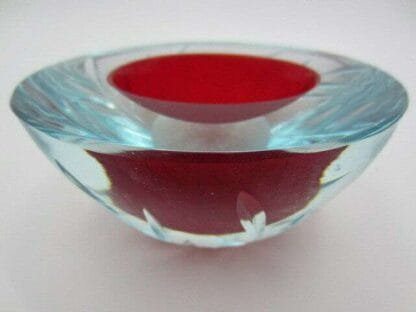 Vintage Italian red Murano Mandruzzato glass geode bowl oval shape hand engraved