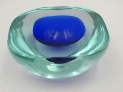 Rare mid century watery ice blue & blue murano art glass bowl space age sommerso