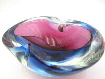 Watery blue and purple Murano sommerso art glass flat rim geode bowl