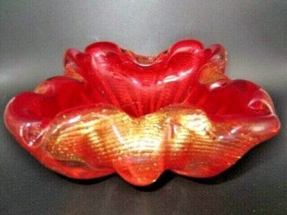 24k Gold Rope art glass bowl Barovier Toso square Murano red XXL Cordonato d'Oro