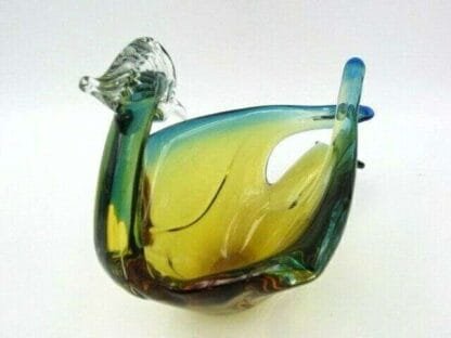 Murano sommerso Green amber blue art glass pelican swan duck bird bowl has label - Image 4