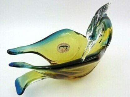 Murano sommerso Green amber blue art glass pelican swan duck bird bowl has label